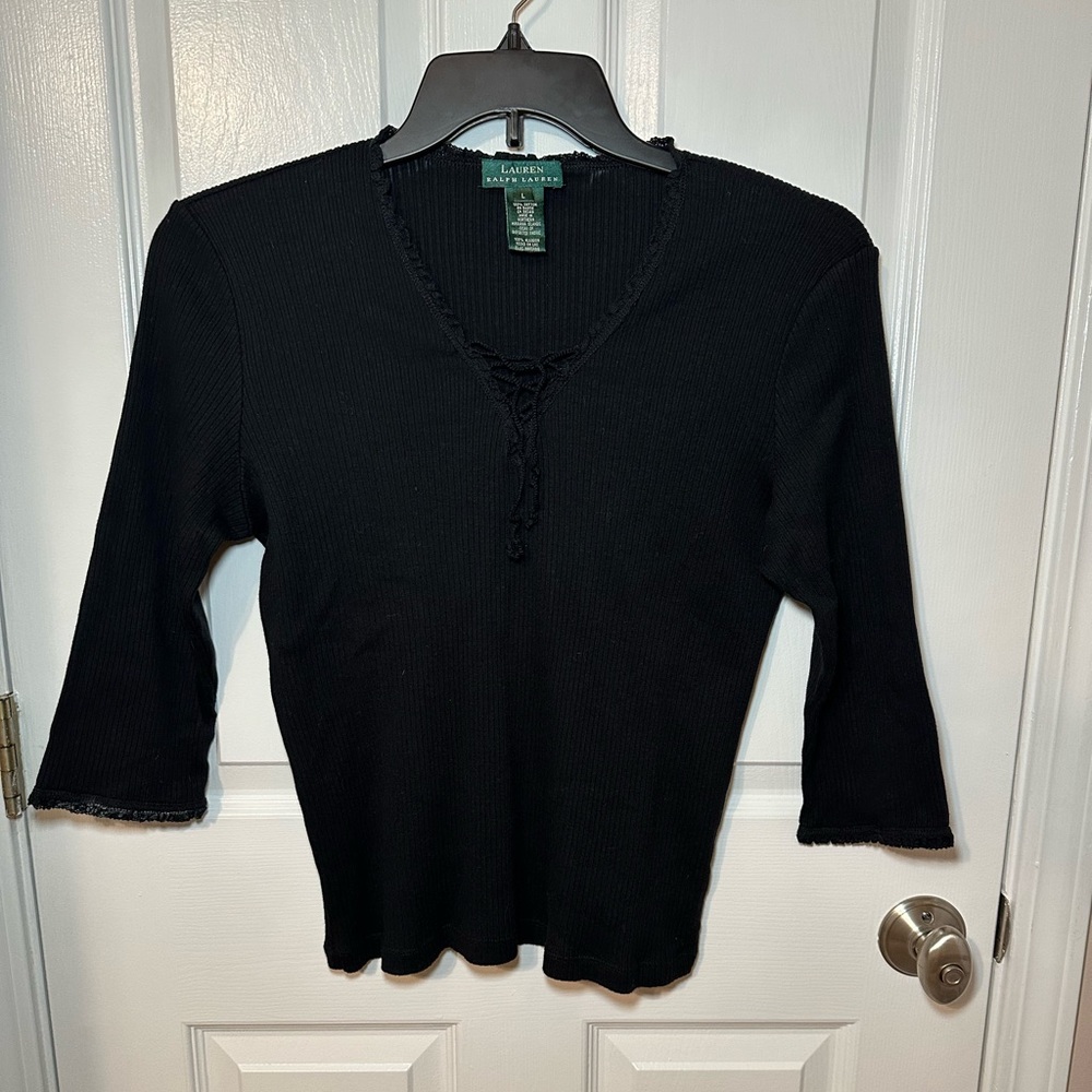 Lauren Ralph Lauren Black Ribbed 3/4 Sleeve Tee Tie Front Cottagecore Prairie